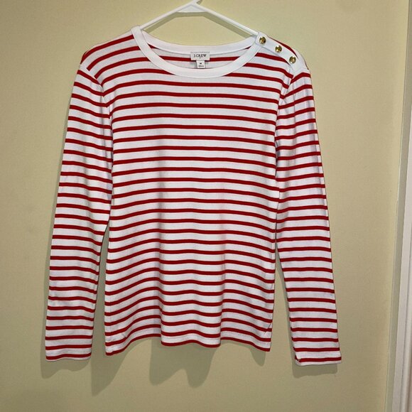 J.CREW Women's Oska Stripe White and Red with 3 Gold Button-shoulder Tee Size M - Picture 1 of 11